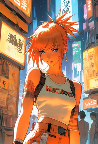 Anime artwork, leeloo dallas, standing in front of a kiosk,  holding up a card with the word "MULTIPASS", (orange suspenders), cyberpunk background, ((cyberwear)), art by Makoto Shinkai, art by J.C. Leyendecker