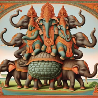 Hindu Mythonlogy showing a World Turtle with World Elephants resting on its back.,none