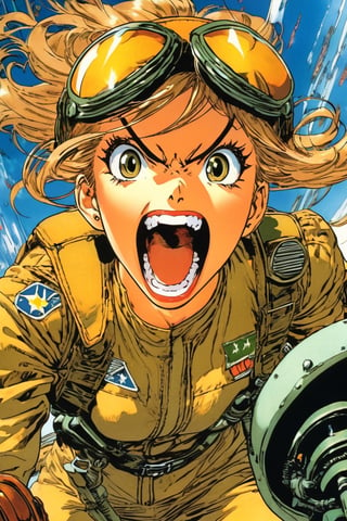 Anime Network, Female pilot, screaming, inside cockpit, ww2, art by Masamune Shirow. Anime style, key visual, vibrant, studio anime