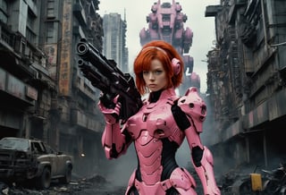  A cinematic film still of a redhead in a pink-powered armor suit, shooting at giant black mecha. The heroine's armor is adorned with intricate designs and a retractable shroud, revealing her determination and strength. The background is a dystopian cityscape, with buildings crumbling and people caught in the crossfire. Style by Masamune Shirow. Canon 5d Mark 4, Kodak Ektar, 35mm 