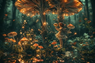 Close up photo of a ((fairy)) gliding over mushroom, reflections in the water, night scene. In the style of double exposure, Art Nouveau, long exposure, layered lines, chiaroscuro, absurdres, Long_Exposure ral-exposure, 