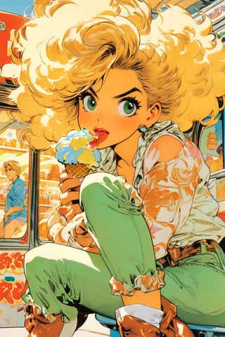 Blonde Woman, bored expression,sitting beside an icecream truck, art by Masamune Shirow, art by J.C. Leyendecker . anime style, key visual, vibrant, studio anime