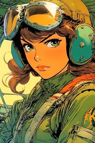 Anime Network, Female WW2 Pilot, bored expression, sitting inside fighter airplane, art by Masamune Shirow. Anime style, key visual, vibrant, studio anime