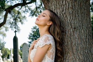 Photo.  Profile of a woman in a lace summer dress, She is looking upward with her eyes closed beside a tree.  Background is a cemetery. Style by J.C. Leyendecker. Canon 5d Mark 4, Kodak Ektar, 35mm