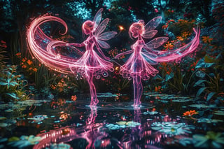 Close up photo of a ((water fairy)) gliding over a pond in a garden, reflections in the water, night scene. ral-exposure, in the style of double exposure, neon art Nouméa, long exposure, layered lines, neonpunk, chiaroscuro,  best quality, masterpiece, absurdres, incredibly absurdres colorful,8K,RAW, Long_Exposure 