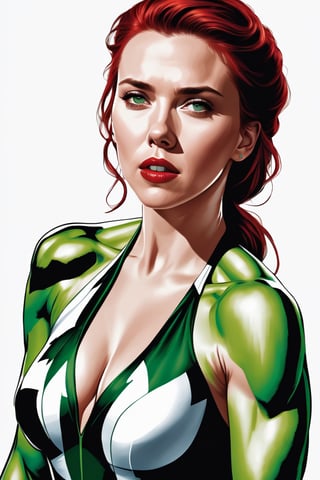 (Scarlett Johansson, wearing straight floor length dress made of a digital painting of The Incredible Hulk printed on silk) white background, red hair