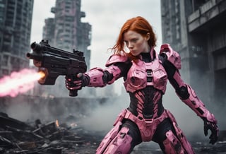  A cinematic film still of a redhead in a pink-powered armor suit, shooting at giant black mecha. The heroine's armor is adorned with intricate designs and a retractable shroud, revealing her determination and strength. The background is a dystopian cityscape, with buildings crumbling and people caught in the crossfire. Style by Agnes Cecile. Canon 5d Mark 4, Kodak Ektar, 35mm 