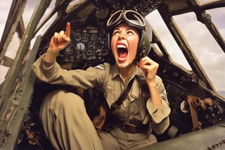 Photo, Female pilot, screaming, inside cockpit, ww2, canon 5d mark 4, kodak ektar, art by J.C. Leyendecker