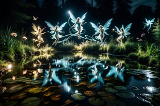 A group of water faeries gliding over a pond, reflections in the water, night scene. ral-exposure, in the style of double exposure, neon art nouveau, long exposure, 