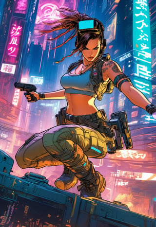 Anime artwork, Lara Croft,  wearing VR helmet,  hacking on a computer. cyberpunk 2077 cityscape, art by Masamune Shirow, art by J.C. Leyendecker, anime style, key visual, vibrant, studio anime, highly detailed