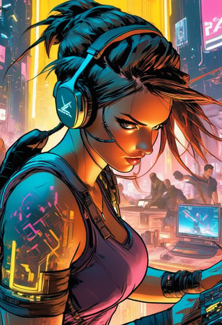 Anime artwork, Lara Croft,  wearing VR helmet,  hacking on a computer. cyberpunk 2077 cityscape, art by J.C. Leyendecker, anime style, key visual, vibrant, studio anime, highly detailed