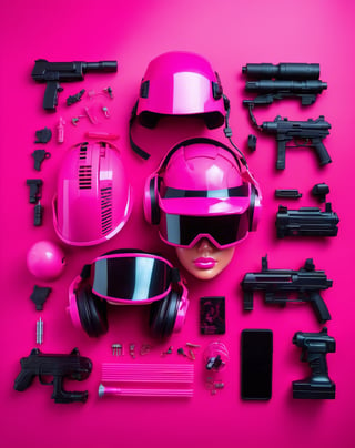 Barbie doll, cyberpunk, VR helmet and pink cyberpunk armor, laser gun , flat lay photography, object arrangement, knolling photography