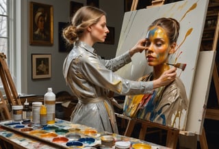 Photo of woman covered in paint in an artist's studio painting a portrait on canvas, art by J.C. Leyendecker, UHD 8k wallpaper