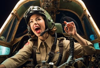 Photo,  Female pilot,  screaming,  inside cockpit,  ww2,  canon 5d mark 4,  neon light,  kodak ektar,  art by J.C. Leyendecker