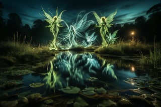 A group of water faeries gliding over a pond, reflections in the water, night scene. ral-exposure, in the style of double exposure, neon art nouveau, long exposure, wimmelbilder, layered lines, neonpunk, chiaroscuro, best quality, masterpiece, highres, absurdres, incredibly absurdres, huge filesize, wallpaper, colorful,8K,RAW ,Long_Exposure