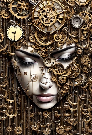 A woman's face is open zipper, clocks and intricate gears inside the face