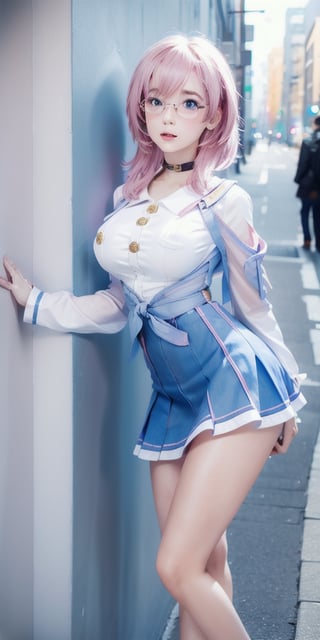 transparent clothes, light_blue_eyes , short skirt, 20-year-old beautiful girl,pink hair, wearing half-frame glasses, stunner, standing, seductive pose, lean on wall, street view, can see through nipples, close-up ,
squeeze breasts,

--auto --s2,march 7th \(honkai: star rail\),tongue out