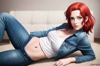 a 30 years old woman with red hair, green eyes, full body, with jeans, and short t-shirt with voluptous front, realistic, hq,  high detail, ,sexy,glossy,bimbo,nsfw,thepit bimbo,analog style,redshift style,mdjrny-v4 style,studio_ghibli_anime_style style,copeseethemald style