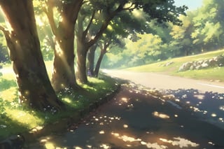 Visual Anime, 1girl, solo, looking at viewer, short hair, bangs, blue eyes, shirt, black hair, ponytail, hair between eyes, white shirt, upper body, casual, sky, blurry bacground, outdoors, day, tree, shadow, sunlight, grass, scenery, rock, road, dappled, sunlight, screencap, fake screenshoot, anime color, 