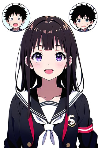 1girl, long hair, looking at viewer, blush, smile, short hair, open mouth, bangs, simple background, brown hair, shirt, black hair, 1boy, white background, school uniform, green eyes, purple eyes, jacket, white shirt, upper body, :d, serafuku, sailor collar, neckerchief, black sailor collar, gakuran, artist logo, kamiyama high school uniform (hyouka), grey neckerchief, chitanda eru, oreki houtarou