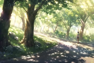 Visual Anime, 1girl, outdoors, day, tree, shadow, sunlight, grass, scenery, rock, road, dappled, sunlight