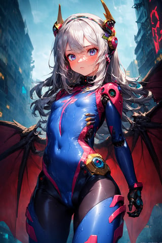 {{master piece}},best quality,illustration,1girl,small breast,beatiful detailed eyes,beatiful detailed cyberpunk city,flat_chest,beatiful detailed hair,wavy hair,beatiful detailed steet,mecha clothes,robot girl,cool movement,sliver bodysuit,{filigree},dargon wings,colorful background,a dragon  stands behind the girl,rainy days,{lightning effect},beatiful detailed sliver dragon arnour,（cold face）