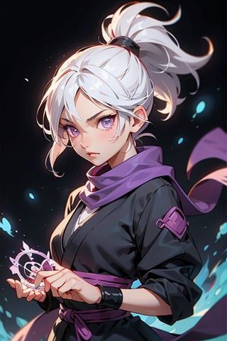 upper body, 1girl, white hair, ponytail, purple eyes, (ninja), short sword, medium breats ,scarf, wallpaper, magic circle background, light particles, blue fire, 