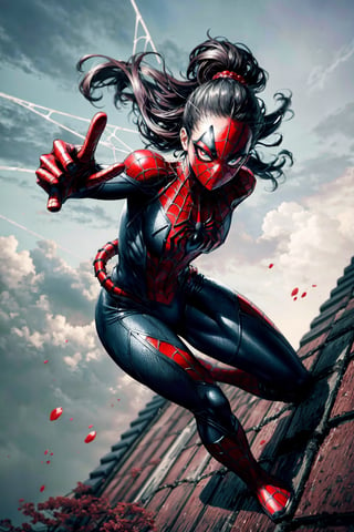 (anime style:1.1) 1girl, solo, full body, scarlet eyes, black hair, samurai, japan roof, shooting spiderweb from hand, fighting pose,Comic Art Style,spider suit, japanese spiderwoman