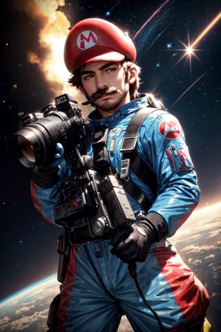 Highly detailed RAW color Photo of mario, wearing vivid space suit, helmet, in outer space, (highly detailed, hyperdetailed, intricate), (lens flare:0.7), (bloom:0.7), particle effects, raytracing, cinematic lighting, shallow depth of field, intricate_detail, realistic, detailed_background, (8k, RAW photo, best quality, masterpiece:1.2), detailed background, 8k uhd, dslr,supermario