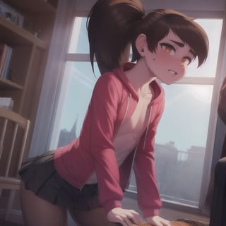 (8k uhd, masterpiece, best quality, high quality, absurdres, ultra-detailed,detailed background,vibrant colors),perfect lighting,1boy,solo, otoko no ko, ,PrincessMario,mole under eye, ponytail,brown hair,long hair,skirt,skirt lift,fishnet pantyhose,red jackets,flat chest,small penis,testcles,blushing,