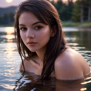 summer camp, wading in shallow pond, (masterpiece, best quality, extremely detailed, perfect face, perfect body:1.2), naked:1.4,, (closeup on upper body:1.3), moonlight,JulieCondra