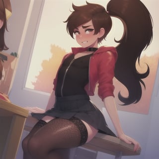 (8k uhd, masterpiece, best quality, high quality, absurdres, ultra-detailed,detailed background,vibrant colors),perfect lighting,1boy,solo, otoko no ko, ,PrincessMario,mole under eye, ponytail,brown hair,long hair,skirt,skirt lift,fishnet pantyhose,red jackets,flat chest,small penis,testcles,blushing,