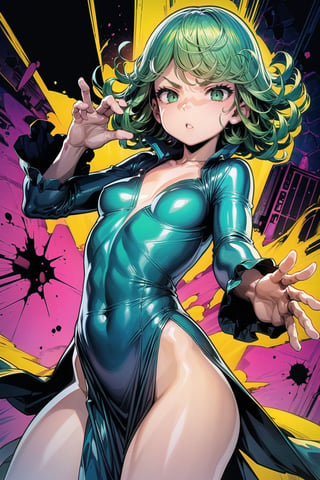 (masterpiece, best quality, 1girl, Tatsumaki, Terrible_Tornado, looking at viewer, angry, attack pose, short hair, bangs, green hair, green eyes, detailed eyes, collarbone, thighs, small breasts, parted lips, green hair, long sleeves, dark green dress, pelvic curtain, side slit, curly hair, flipped hair, open hand, reaching out, , TatsumakiOPM,tatsumakitornado