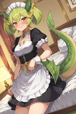 score_9, score_8_up, score_7_up, source_anime, parlordragonmaid, parlor dragonmaid, dragon girl, green hair, brown eyes, dragon tail, clothing cutout, dress, frilled dress, frills, maid, tail, indoors, bed, bed room, on side, blush, drunk, looking at viewer, cowboy shot, dutch angle,