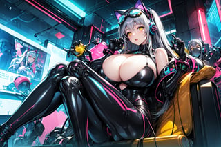 (masterpiece), (best quality), (detailed), {{illustration}}  {{{multiple girls, 6girls, AIart, ArtCommuity, goggles raised on the forehead, stablediffusion, aigirl , cyberpunk, cutegirl, anime , animegirl, cutegirlart, vr, vrhelmet, plugsuit , leotard, cyberpunk, thighboots, blackhair, longhair, scifi, scifigirl, getintherobot, futureperfect, glossy, elbowgloves, mechapilot , futurism, solo, 1girl, multicolored hair, neon lights, cyberpunk style clothing, cyberpunk headphones, purple goggles raised on the forehead, yellow eyes, leather gloves, black lycra sports pants with neon yellow stripes, Inline Skates, technological with light, wheels with lights, white sleeveless shirt with black vest, exposed navel, robotic cat tail, headband with stolen cat ears,}}} {best quality}, {{hi res}},Multiple Girls Group