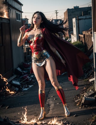 Wide angle, long shot, (full body:1.4), (dynamic pose:1.3), lowkey, Perfect proportions, an image of a woman wearing red wonder_woman_cosplay_outfit, long hair, cape burn and torn floating in the wind, flmngprsn flames, IvoryGold, Depth of field, Multi layered textures, apocalyptic city background, best quality, masterpiece, flmngprsn immolation, flmngprsn burning, 10:0.35>,photorealistic,analog,realism,Kamado_Nezuko