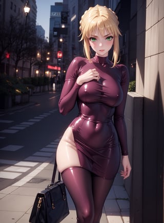 tight dress, in the city, 1girl, Artoria Pendragon, green eyes, blond hair,