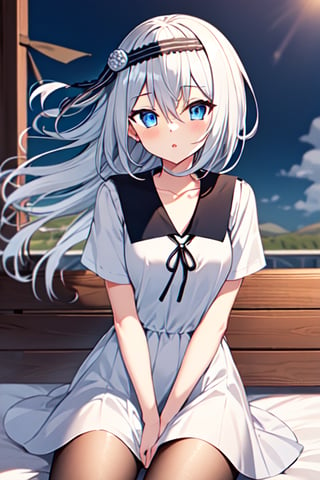 masterpiece,best quality, highres, kei1, 1girl, solo, blue eyes, long hair, white dress, short sleeves, ribbon, bangs, collarbone, grey hair, white skirt, hair ornament, black hairband, black pantyhose, neck ribbon, hair between eyes, medium breasts, sailor collar, bed, (wind:1.4), panties:1.3),shirogane_kei, sitting, crossed legs