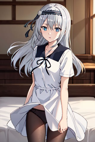 masterpiece,best quality, highres, kei1, 1girl, solo, blue eyes, long hair, white dress, short sleeves, ribbon, bangs, collarbone, grey hair, white skirt, hair ornament, black hairband, black pantyhose, neck ribbon, hair between eyes, medium breasts, sailor collar, bed, (wind:1.4), panties:1.3),shirogane_kei, sitting, crossed legs