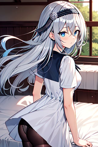 masterpiece,best quality, highres, kei1, 1girl, solo, blue eyes, long hair, white dress, short sleeves, ribbon, bangs, collarbone, grey hair, white skirt, hair ornament, black hairband, black pantyhose, neck ribbon, hair between eyes, medium breasts, sailor collar, , from behind, bed, (wind:1.4), panties:1.3),shirogane_kei, sitting, crossed legs