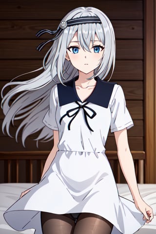 masterpiece,best quality, highres, kei1, 1girl, solo, blue eyes, long hair, white dress, short sleeves, ribbon, bangs, collarbone, grey hair, white skirt, hair ornament, black hairband, black pantyhose, neck ribbon, hair between eyes, medium breasts, sailor collar, bed, (wind:1.4), panties:1.3),shirogane_kei, sitting, crossed legs