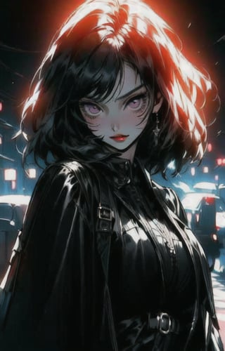 1girl, beautiful girl, long black hair:1.2, purple eyes, black leather pants, black leather corset, (large black leather trench coat:1.2), big breasts,looking at viewer, solo, upper body,(masterpiece:1.4),(best quality:1.4),red lips,parted lips, night city:1,street,night,vampire:1.2,dramatic shadows,extremely_beautiful_detailed_anime_face_and_eyes,an extremely delicate and beautiful,dynamic angle, cinematic camera, dynamic pose,depth of field,chromatic aberration,backlighting,Watercolor, Ink, epic, candystyle, ,style