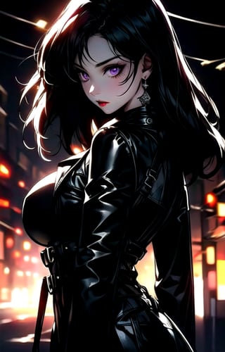 1girl, beautiful girl, long black hair:1.2, purple eyes, black leather pants, black leather corset, (large black leather trench coat:1.2), big breasts,looking at viewer, solo, upper body,(masterpiece:1.4),(best quality:1.4),red lips,parted lips, night city:1,street,night,vampire:1.2,dramatic shadows,extremely_beautiful_detailed_anime_face_and_eyes,an extremely delicate and beautiful,dynamic angle, cinematic camera, dynamic pose,depth of field,chromatic aberration,backlighting,Watercolor, Ink, epic, candystyle, ,style