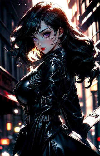 1girl, beautiful girl, long black hair:1.2, purple eyes, black leather pants, black leather corset, (large black leather trench coat:1.2), big breasts,looking at viewer, solo, upper body,(masterpiece:1.4),(best quality:1.4),red lips,parted lips, night city:1,street,night,vampire:1.2,dramatic shadows,extremely_beautiful_detailed_anime_face_and_eyes,an extremely delicate and beautiful,dynamic angle, cinematic camera, dynamic pose,depth of field,chromatic aberration,backlighting,Watercolor, Ink, epic, candystyle, ,style