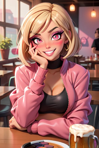 masterpiece, best quality, 1girl, gyaru, blonde hair, fur-trimmed jacket, bob cut, nose blush, beer mug, smug, seductive smile, (drunk:1.3), grin, (makeup, eyeshadow:1.2), pink eyes, large breasts, pov across table, one breast out, blush, looking at viewer, indoors, (food), head rest, black crop top, pink jacket  
