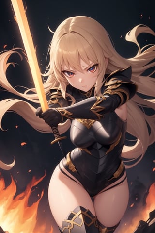 High quality, masterpiece, cozy, maximum details,
tsurime eyes, 
(Burning:1.2) girl knight is running, dynamic pose, looking at viewer, black armor, holding sword, casting spell

night, sky