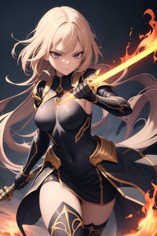 High quality, masterpiece, cozy, maximum details,
tsurime eyes, 
(Burning:1.2) girl knight is running, dynamic pose, looking at viewer, black armor, holding sword, casting spell

night, sky