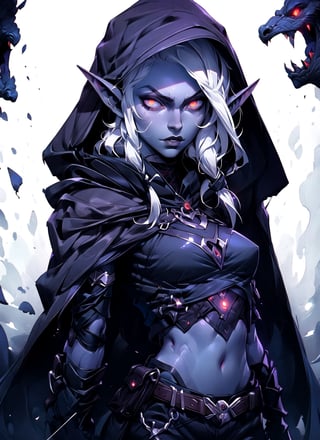 drow, female, pointy ears, solo, elf, navel, hood, colored skin, midriff, looking at viewer, long hair, cloak, dark elf, breasts, white hair, hood up, cape, medium breasts, hooded cloak, belt, pouch, red eyes, grey skin, orange eyes, upper body, weapon, glowing eyes, lips, ((masterpiece, best quality)), art by greg rutkowski, trending on artstation ,dark elf