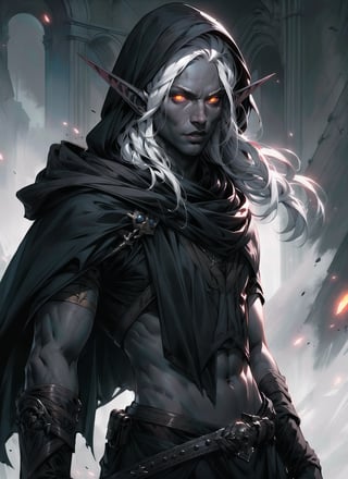 drow, (male:1.5), pointy ears, solo, elf, navel, hood, colored skin, midriff, looking at viewer, long hair, cloak, dark elf, white hair, hood up, cape, hooded cloak, belt, pouch, red eyes, grey skin, orange eyes, upper body, weapon, glowing eyes, lips, ((masterpiece, best quality)), art by greg rutkowski, trending on artstation ,dark elf