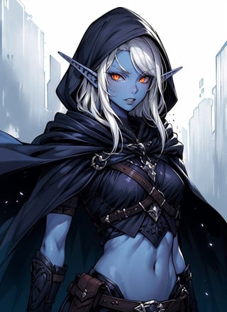 drow, female, pointy ears, solo, elf, navel, hood, colored skin, midriff, looking at viewer, long hair, cloak, dark elf, breasts, white hair, hood up, cape, medium breasts, hooded cloak, belt, pouch, red eyes, grey skin, orange eyes, upper body, weapon, glowing eyes, lips, ((masterpiece, best quality)), art by greg rutkowski, dark elf